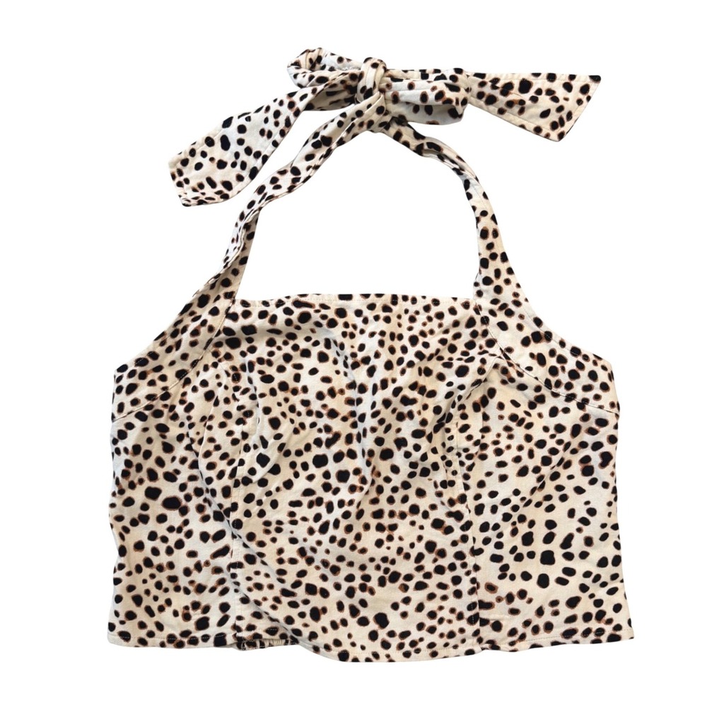 INC International Concepts Cheetah Print Halter Crop Top XL Smocked Back Linen